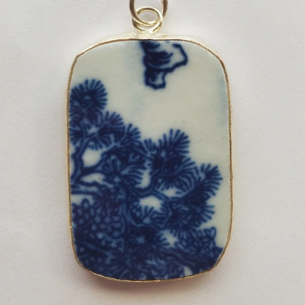 Vintage Blue & White Bonsai Tree Pottery Shard Pendant Chinoiserie Focal Jewelry